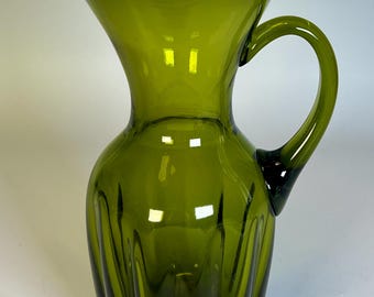 Mid-Century Hand-Blown Glass Avocado Olive Green Pitcher: Blenko Style