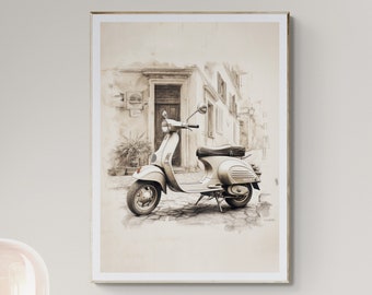 Retro Hand Drawn Vespa Illustration | Retro Print Wall Decor | Digital PRINTABLE | Nostalgia Italia Rome Scooter | Mango Retro Prints | 014