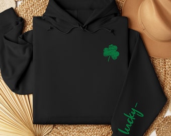 Shamrock Hoodie, St Patricks Day Sweatshirt, Lucky Shirt, Gift for St Paddy's, Sleeve Print Hoodie, Irish Green Sweatshirt