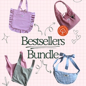 May include: A collection of gingham-patterned bags in pink, blue, and green. The bags include a tote bag with ruffle trim, a shoulder bag, and two reusable shopping bags. The text "Bestsellers Bundle" is written in the center of the image.