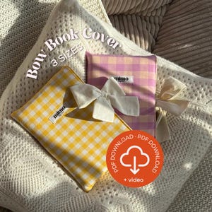May include: Two bow book covers in yellow and pink gingham patterns, with white bows. The covers have the text "Bow Book Cover 3 Sizes" and the brand name "mimo". A PDF download icon is also visible.