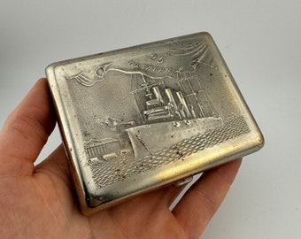 Vintage USSR Cigarette Case Ship Metal