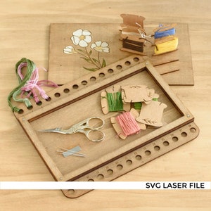 Caixa de armazenamento para bordado manual SVG, conjunto de bobinas de fio dental, organizador de linhas, cuidador de agulha e tesoura para corte a laser