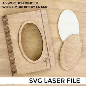 Classeur en bois de fichier laser SVG avec cadre de broderie, fichier de coupe numérique de couverture de carnet de notes A5
