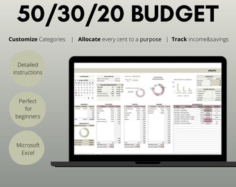 Monthly budget template. Track with the 50/30/20 system, personalize fields, compare planned vs actual, achieve your goal