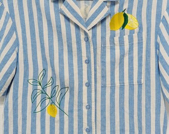 Lemon Embroidered Blue & White Striped Cropped Linen Shirt Size M/L - UK 14