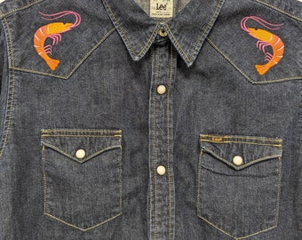 Denim Western Shirt with Embroidery Prawns. Dark Blue Denim Lee Shirt in Women's size Small.