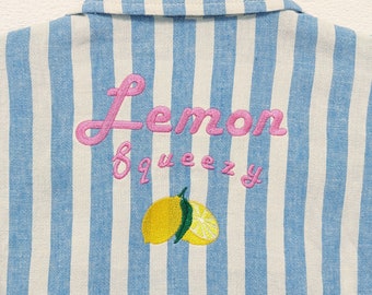 Lemon Embroidered Blue & White Striped Cropped Linen Shirt Size M - UK 10