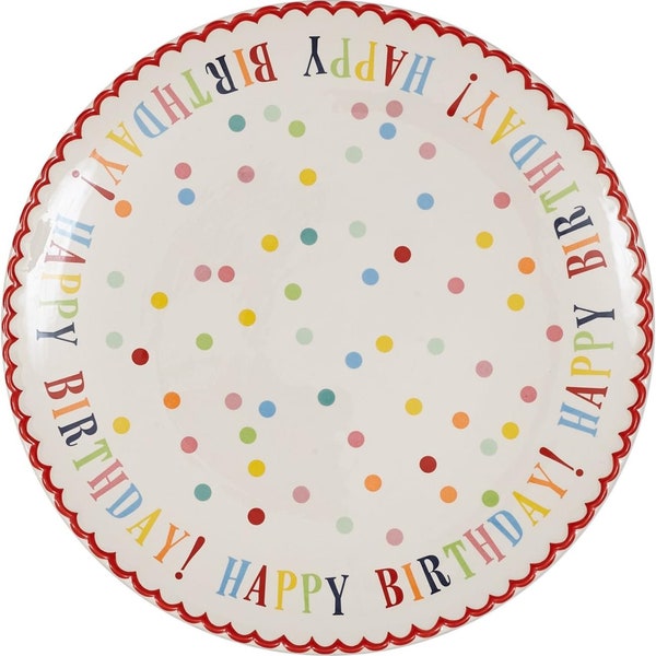 Happy Birthday Stoneware Cake Plate, White, 12 inch diameter