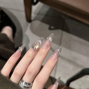 Luxury 3D Rhinestone Press-On Nails | Gradient Shimmer Ombre Nail Set | Sparkly Gray and Pink Handmade Nails | Custom Glitter Nails