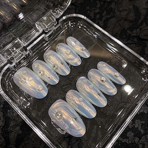 Moon and Star Press-On Nails | Holographic Celestial Nail Set with Rhinestones | Handmade Unique Nail Art | Easy-to-Apply Fake Nails