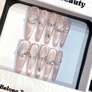 Luxury Stiletto Press On Nails - Pearl White Rhinestone Nails - Bridal Fake Nails - Handmade Custom Nail Set