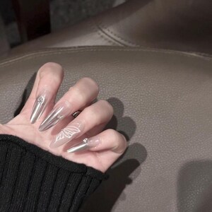 Chrome Press-On Nails | Silver Metallic Stiletto Nails with Butterfly Accent | Luxury Hand-Painted Nail Art