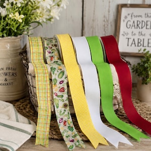 Farmhouse Wired Ribbon Bundle – Vegetable Print, Plaid & Polka Dot