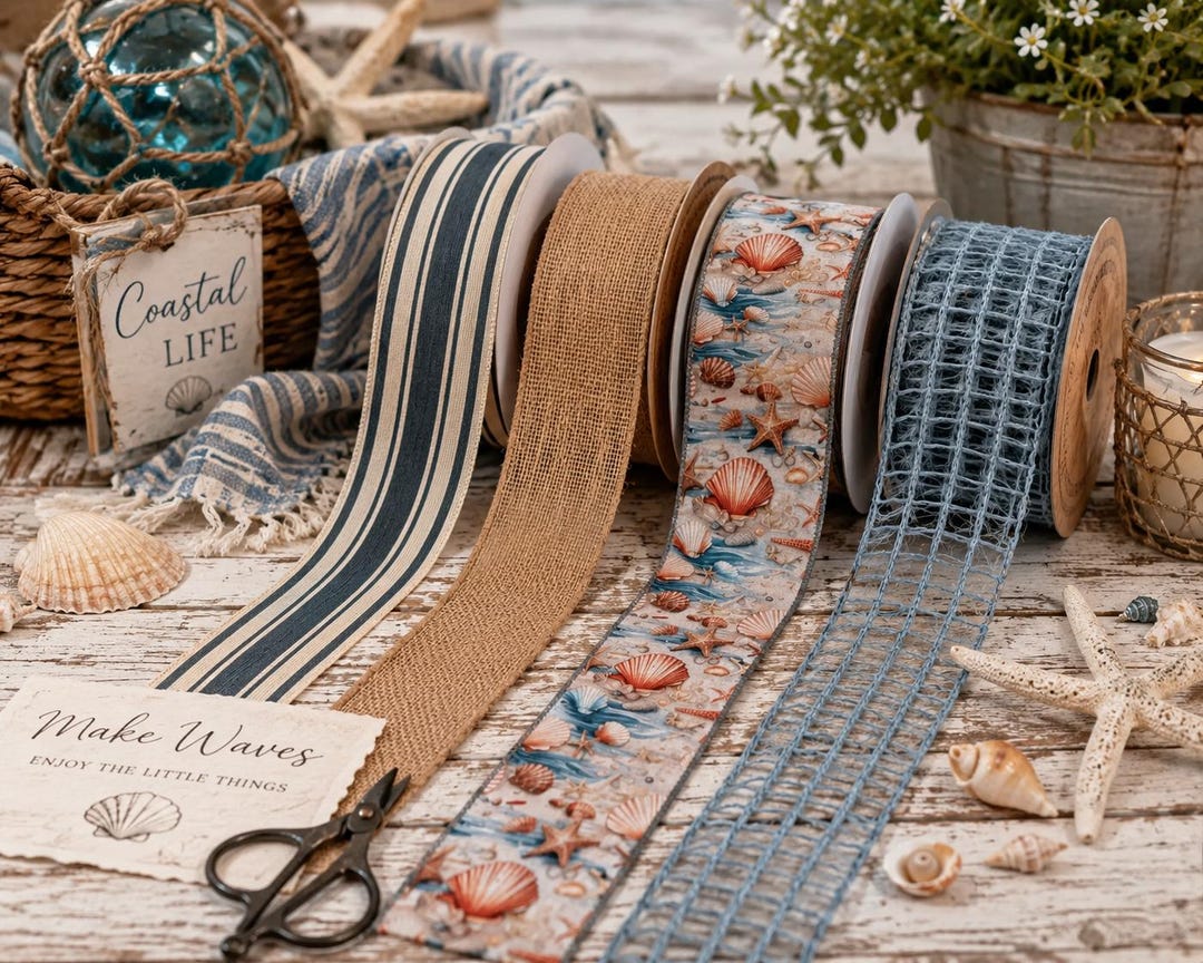 Wide Coasta Ribbon Coastal Ribbon Kit for Wreath Bows – Shell Print, Burlap & Blue Stripe ...