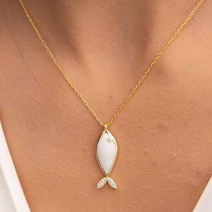 Handmade 925 Sterling Silver Fish Necklace: Gold Plated Zircon Accent