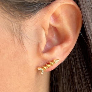 Handmade Sterling Silver Arrow Stud Earrings: Gold Plated Zircon Jewelry