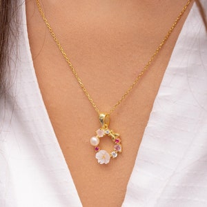 Handmade Floral Wreath Necklace: Sterling Silver, Zircon Stones, 16 Inch Chain