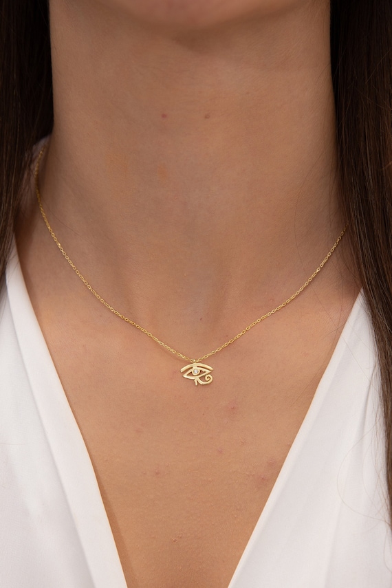 Eye of Ra Necklace, 925 Sterling Silver Eye of Horus Pendant, 14K Gold Plated Egyptian Protection Amulet, Spiritual Jewelry Gift for Her