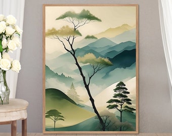 May include: A framed abstract landscape painting with a green and blue colour scheme. The painting features a stylised tree with branches reaching towards the sky, set against a backdrop of mountains and fog.