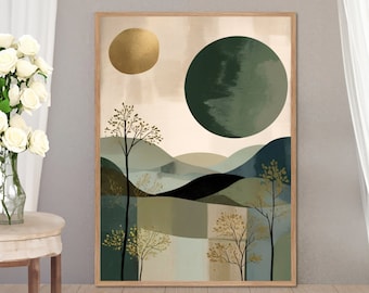 May include: Abstract landscape painting featuring a gold sun, a green circle, and stylised trees in shades of green, brown, and gold.