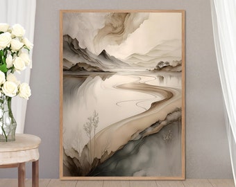 Japandi 風景画アートプリント、ミニマリストな湖の風景（デジタルダウンロード）