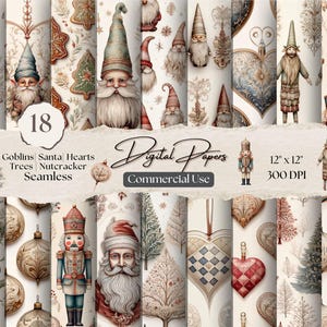 Vintage Christmas Seamless Digital Paper: Boho Santa, Nutcracker for Scrapbook Paper, Pixies (12x12")
