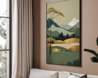 May include: Abstract landscape painting featuring a green, blue and gold colour scheme. The painting depicts a single tree in the foreground, a mountain range in the background and a small lake in the middle ground.