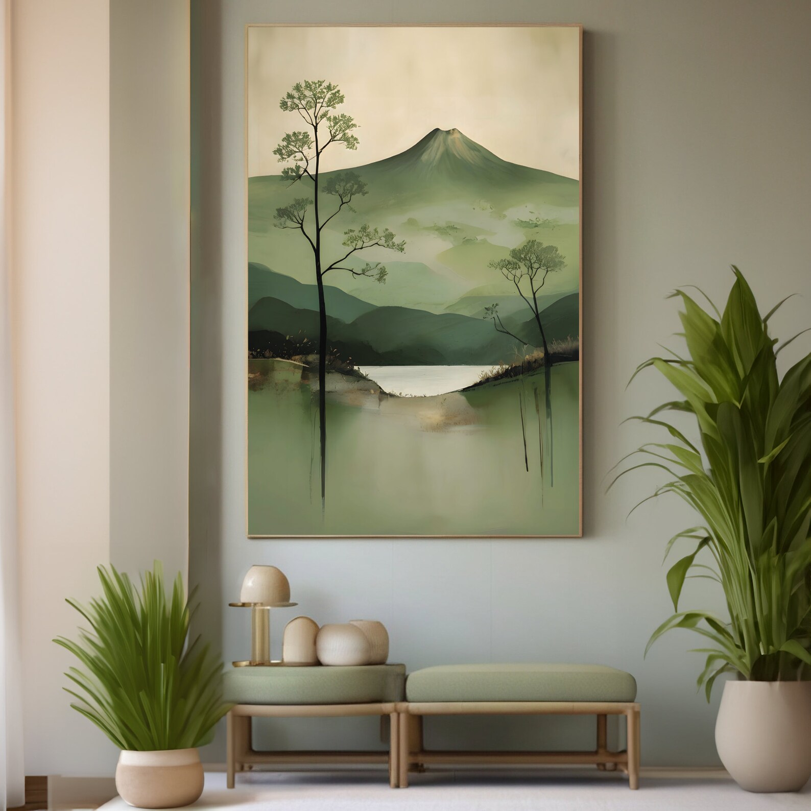 Japandi Wall Art Print Wabi Sabi Moss Green Volcano Mountains Japanese Japandi Decor Digital ...