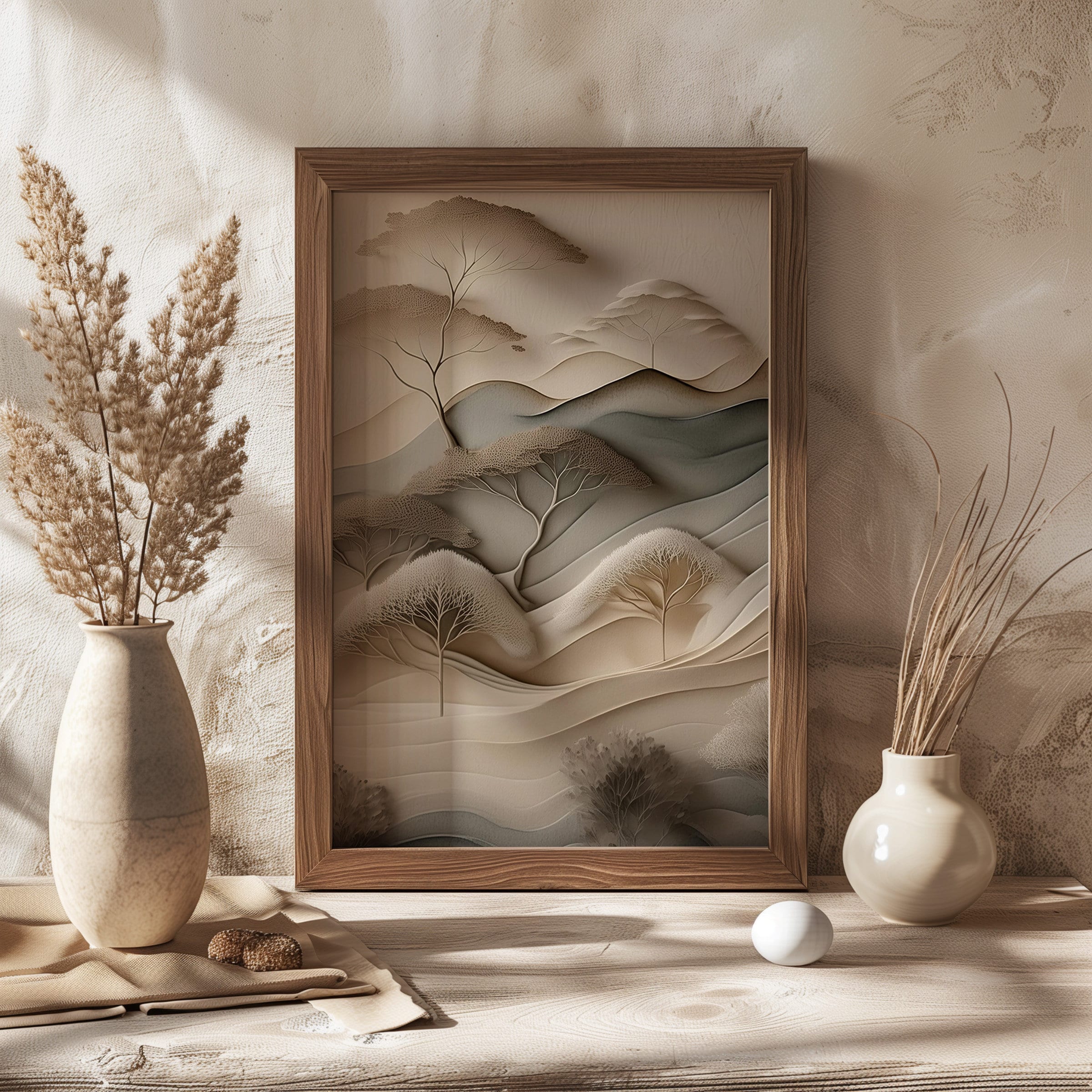 Neutral Landscape With Trees, Minimalist Japanese Zen Nordic Wall Art ...