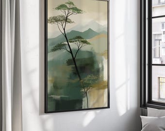 May include: Abstract painting of a green tree with a mountain landscape in the background. The painting is framed in black.