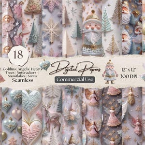 Pacote de papel digital de Natal rosa, 18 padrões bordados pastel glam sem costura para scrapbooking, anjos, quebra-nozes, flocos de neve