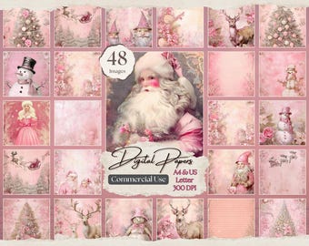 May include: A digital paper pack with 48 images in pink, white, and green featuring a variety of winter holiday themes, including snowmen, reindeer, and Christmas trees. The text "Digital Papers" and "Commercial Use" is visible in the image.