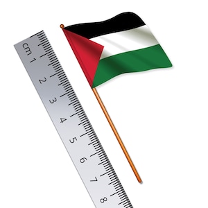 Puede incluir: Una regla con marcas de centímetros y una pequeña bandera de Palestina en un palo de madera. La bandera es negra, blanca, verde y roja con un triángulo rojo en el centro.