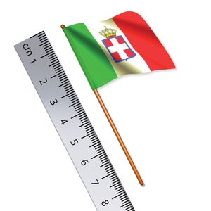 May include: A white ruler with black markings in centimetres, measuring up to 8 cm, is positioned diagonally on a white background. A small green, white, and red flag with a crown and cross is attached to a wooden stick. The flag is waving in the wind.