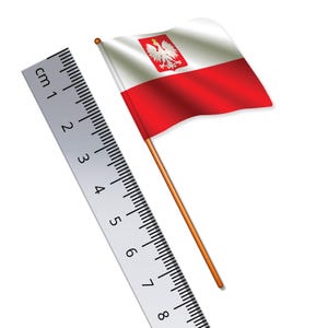 May include: A white and red flag with a white eagle emblem on a white background. The flag is attached to a wooden stick and is being measured with a ruler marked in centimetres. The ruler shows measurements from 1 to 8 centimetres.