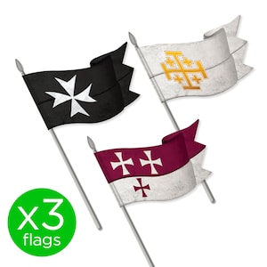Puede incluir: Tres banderas con diseños de cruces. Una es negra con una cruz blanca, otra es blanca con una cruz dorada, y la tercera es burdeos y blanca con cruces blancas. Un círculo verde con el texto "x3 flags" está en la esquina inferior izquierda.