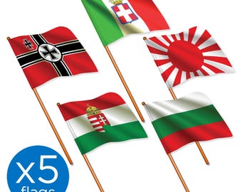 5 X TOY FLAGS Axis Forces of WW2 (Set 1) 1:32 Scale Toy Soldier Flags (Width 3.8cm / Pole Height 8cm)