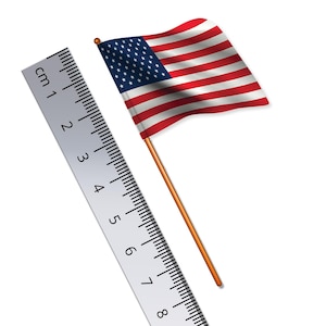 Può includere: Un righello bianco con segni neri in centimetri, che misura fino a 8 cm, è posizionato accanto a una piccola bandiera americana che sventola al vento. La bandiera è rossa, bianca e blu con un bastone di legno.
