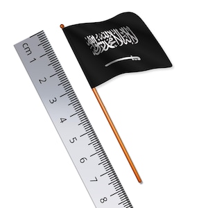 Puede incluir: Una pequeña bandera negra con escritura árabe blanca y una espada blanca, montada en un palo de madera. Una regla plateada con marcas de centímetros está colocada junto a la bandera. La bandera mide aproximadamente 7,6 cm de largo.
