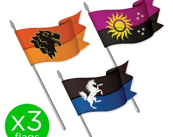 3 X TOY FLAGS Medieval Knight Banners (Quality Vinyl) 1:32 Scale Britains Deetail Style (Width 5cm / Pole Height 9.3cm inc. spearhead)