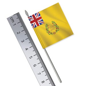 Puede incluir: Una pequeña bandera amarilla con una Union Jack roja, blanca y azul en la esquina superior izquierda. La bandera también tiene una corona de rosas rojas y el texto "XLIV REG." en el centro. La bandera está unida a un palo plateado y mide aproximadamente 8 cm de largo.
