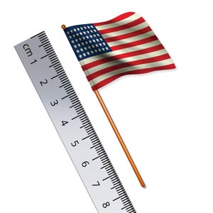 May include: A white ruler with black markings in centimeters, measuring up to 8 cm, is positioned next to a small American flag waving in the wind. The flag is red, white, and blue with a wooden stick.