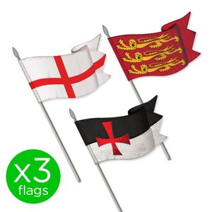 May include: Three flags on poles. One flag is white with a red cross, another is red with three gold lions, and the third is black and white with a red cross. A green circle with the text "x3 flags" is in the lower left.