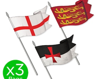 3 X TOY FLAGS Medieval Knight Banners (Quality Vinyl) 1:32 Scale Britains Deetail Style (Width 5cm / Pole Height 9.3cm inc. spearhead)
