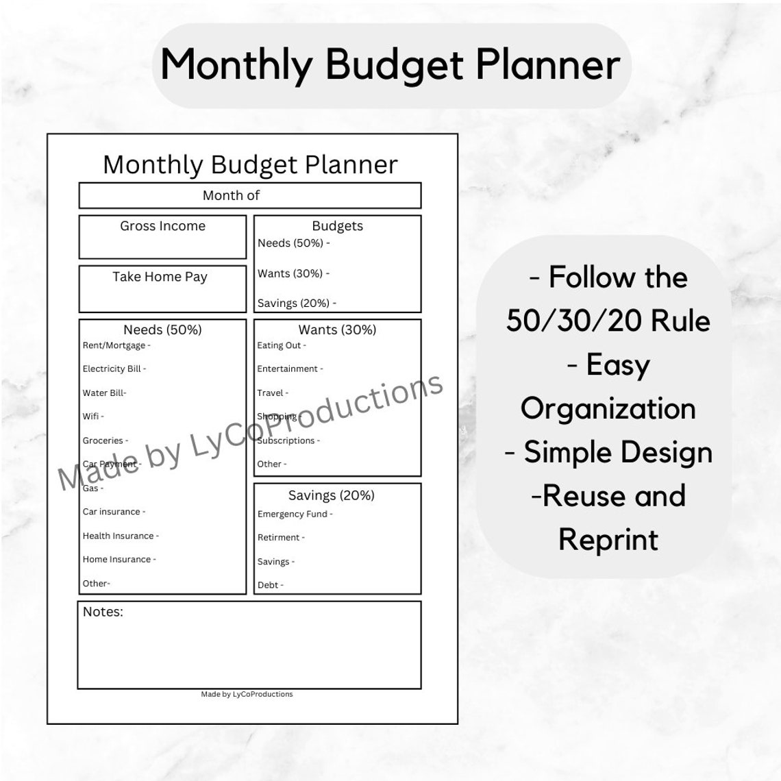 Monthly Budget Planner and Tracker Using the 50/30/20 Rule | Download ...
