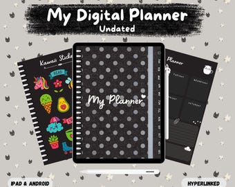 キュートなダークカラーのデジタルプランナー、Goodnotes用日付なしプランナー、月間、週間、日次、かわいいステッカー、iPad、Android用シンプルプランナー