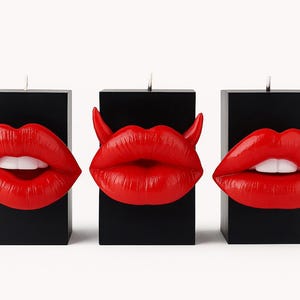 Red Lips Soy Wax Candle: Handmade Black Sculpture, Modern Home Accent