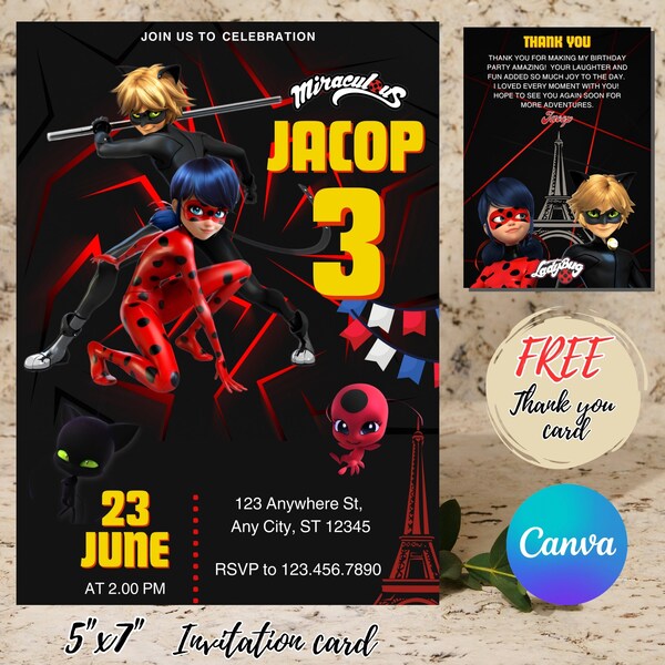 Editable Miraculous Ladybug and Cat Noir Birthday Invitation, Miraculous Ladybug Party Invite, Kids Birthday Invite, Miraculous Invitation