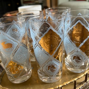 Extremely Rare Libbey Glassware Atomic Zodiac Signs Horoscope Blue and Gold Highball Glasses Set of 5 1960s MCM